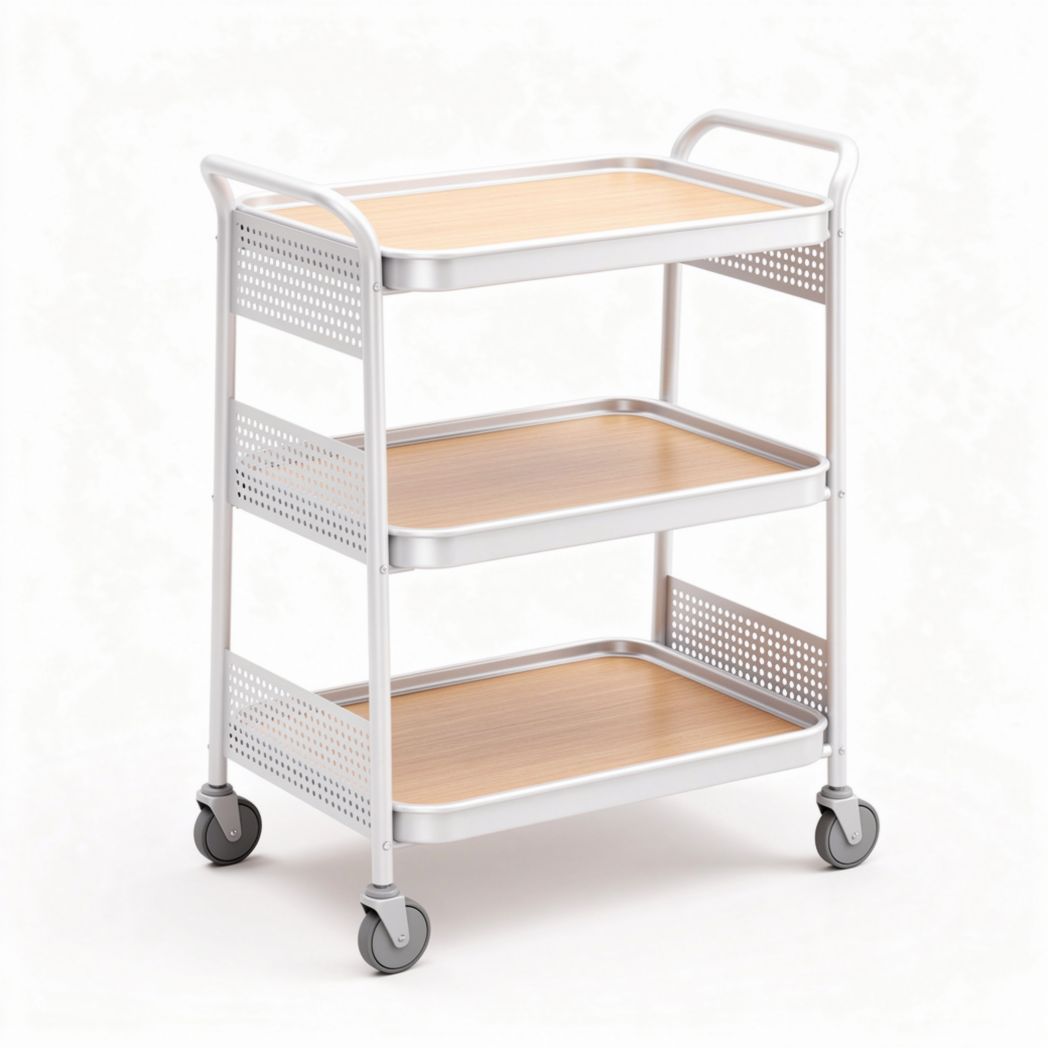 Carrello con tre ripiani in legno e metallo bianco mobile a rotelle 70 x 40 x 80cm