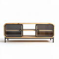 Mobile porta TV in legno di pino con ante in vetro e struttura nera 150 x 40 x 45cm