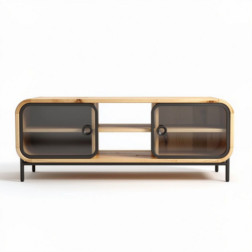 Mobile porta TV in legno di pino con ante in vetro e struttura nera 150 x 40 x 45cm