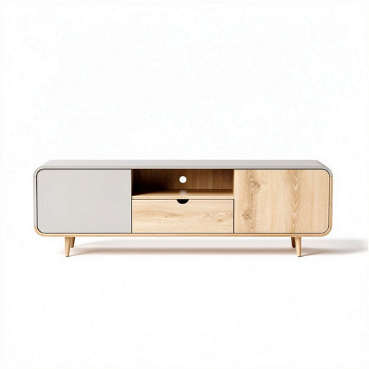 Mobile porta TV in legno naturale e bianco con cassetto 150 x 40 x 50cm