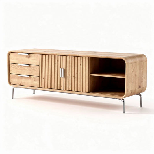 Mobiletto in legno di rovere con ripiano aperto e cassetti 150 x 40 x 50cm